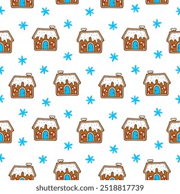 Gingerbread christmas house decorated with candies. Seamless pattern. Sweet cookie. Hand drawn style. Vector drawing. Design ornaments.