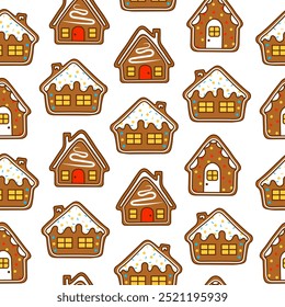 Gingerbread christmas house decorated with candies. Seamless pattern. Sweet cookie. Hand drawn style. Vector drawing. Design ornaments.