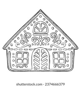 Gingerbread Christmas house vector sketch illustration.