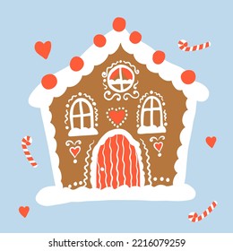 Gingerbread christmas house. Winter bread cottage with snow roof. New year holiday card design.