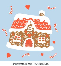 Gingerbread christmas house. Winter bread cottage with snow roof. New year holiday card design.