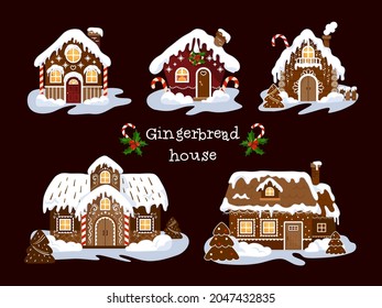 Gingerbread Christmas houses. A cute and bright set of festively decorated five houses.