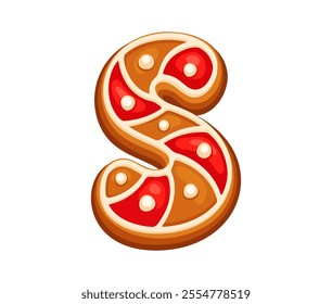 Gingerbread Christmas letter S with red icing and decorative dots, ideal for , Isolated cartoon vector festive typography character holiday font, xmas typeface, new year type, English pastry alphabet