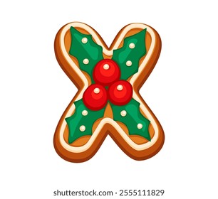 Gingerbread Christmas letter X decorated with holly leaves and berries. Isolated cartoon vector cookie font, xmas dessert typeface, new year type, English pastry alphabet, sweet abc biscuit character