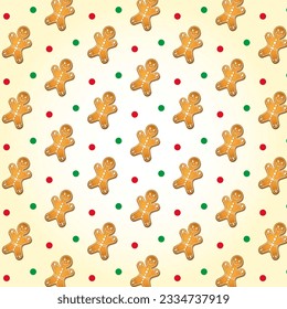 Gingerbread Christmas pattern, happy man cookie for Santa. Print for a gift paper or textile, fabric. Cartoon vector illustration