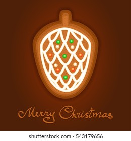 Gingerbread Christmas pinecone decorated icing. Holiday cookie in shape of pinecone for christmas, winter holiday, new year's day, new year's sweet pastry. Vector illustration