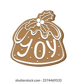 Gingerbread Christmas pudding holiday cookie. Flat vector illustration in brown and white colors