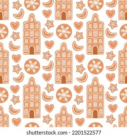 Gingerbread Christmas seamless pattern house cookies isolated on white vector