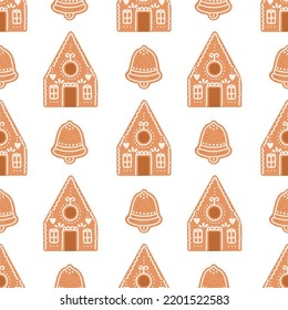 Gingerbread Christmas seamless pattern house cookies isolated on white vector