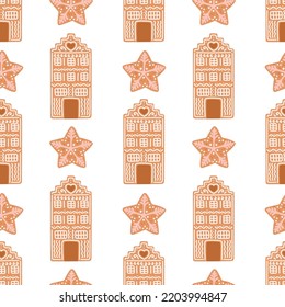 Gingerbread Christmas seamless pattern house cookies isolated on white vector
