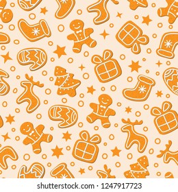 Gingerbread Christmas seamless pattern with gingerbread man, Christmas tree, Christmas gift, mitten, elk. Christmas wallpaper, wrapping. Vector illustration