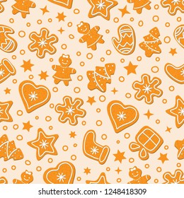 Gingerbread Christmas seamless pattern with gingerbread man, Christmas tree, Christmas gift, mitten, elk. Christmas wallpaper, wrapping. Vector illustration