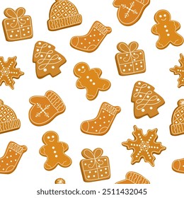 Navidades de pan de jengibre sin patrón. Pan de jengibre de Navidad, galletas recubiertas con glaseado de azúcar, glaseado dulce. Panadería tradicional festiva, postre. Ilustración vectorial plana 