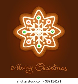 Gingerbread Christmas snowflake decorated icing. Holiday cookie in shape of Christmas snowflake for christmas, winter holiday, new year's day, new year's sweet pastry. Vector illustration