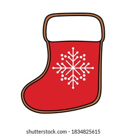 Gingerbread Christmas sock. Colored vector element in doodle style. Isolated on a white background.