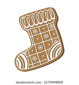 Gingerbread Christmas sock holiday cookie. Flat vector illustration in brown and white colors