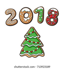 Gingerbread christmas spruce tree cookie vector isolated illustration on a white background. New year 2018 baked candy numbers on background of cartoon sweet cake Traditional winter holiday home treat