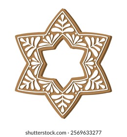 Gingerbread Christmas star holiday cookie. Flat vector illustration in brown and white colors