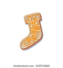 Gingerbread christmas stocking cookie vector isolated illustration on a white background. New year baked candy cartoon sweet cake. Traditional winter holiday home treat