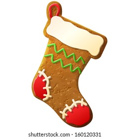 Gingerbread Christmas stocking decorated colored icing. Holiday cookie in form of Christmas sock. Vector image for new year's day, Christmas, winter holiday, cooking, new year's eve, food,