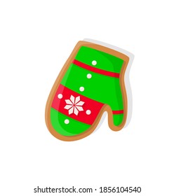 Gingerbread Christmas symbols, bright green mitten with pattern of snowflake. Single sweet confectionery dessert in 3D design vector isolated on white