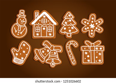 Gingerbread Christmas symbols, cookie set on a brown background, snowman, house, tree, snowflake, mitten, bells, lollipop, present, vector illustration