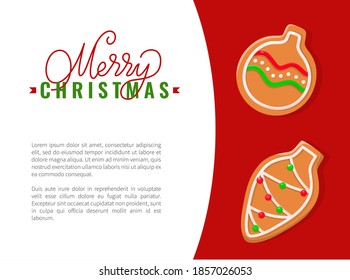 Gingerbread of Christmas toys for fir-tree isolated on red. Merry Christmas greeting with bright cookie balls decorated by pattern in flat style vector