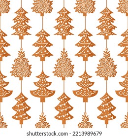 Gingerbread. Christmas tree with balls, decorated with icing. Seamless pattern in the form of a garland of traditional holiday cookies. For wallpaper, printing on fabric, wrapping, background