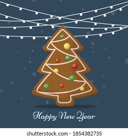 Gingerbread christmas tree cookie card. Christmas cookies. Sweet holiday food. Traditional homemade dessert ginger snack. Cookie biscuit icing cake. Winter christmas card. Gingerbread cookie.