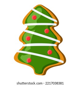 Gingerbread Christmas tree cookie decorated with garland and festive balls, vector