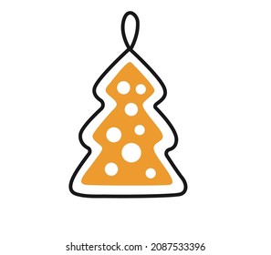 Gingerbread christmas tree cookie. Holiday decoration, traditional christmas treat, design element. Vector colored isolated illustration for pin, sticker, patch, badge, greeting card.