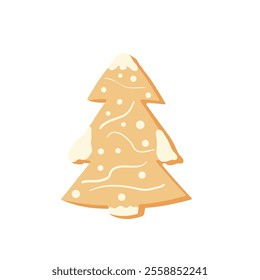 Gingerbread Christmas tree cookie isolated on white background. Homemade festive Evergreen tree with snow baking. Christmas sweet dessert with frosting decor. Vector hand drawn flat illustration