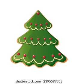 Gingerbread Christmas tree cookie vector illustration. Honey baked biscuit with green icing isolated on white background. Decorative detailed element for holiday patterns, packaging, designs
