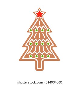 Gingerbread Christmas tree cookie vector illustration. Ginger biscuit classic New Year figure.