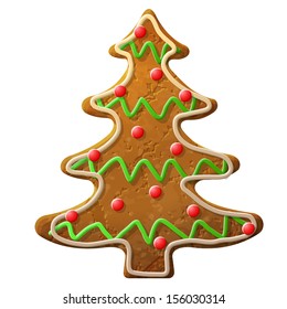 Gingerbread christmas tree decorated colored icing. Holiday cookie in shape of christmas tree. Vector image for new year's day, christmas, winter holiday, cooking, new year's eve, food, silvester, etc