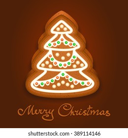 Gingerbread Christmas tree decorated icing. Holiday cookie in shape of Christmas tree for christmas, winter holiday, new year's day, new year's sweet pastry. Vector illustration