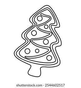 Gingerbread Christmas tree doodle style. Hand drawn black and white isolated holiday baking. Coloring page art therapy, line art Christmas sweet. Vector illustration