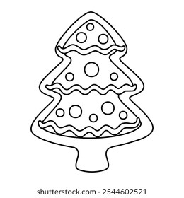 Gingerbread Christmas tree doodle style. Hand drawn black and white isolated holiday baking. Coloring page art therapy, line art Christmas sweet. Vector illustration