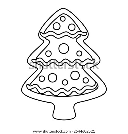 Gingerbread Christmas tree doodle style. Hand drawn black and white isolated holiday baking. Coloring page art therapy, line art Christmas sweet. Vector illustration