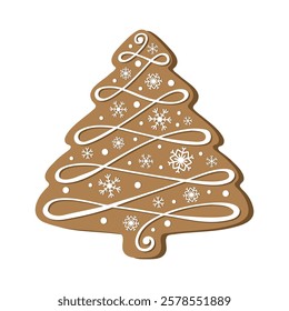 Gingerbread Christmas tree holiday cookie. Flat vector illustration in brown and white colors