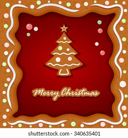 Gingerbread Christmas tree with icing on red background, illustration.