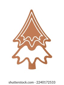 Gingerbread Christmas tree icon. Winter holidays symbol. Sticker for social networks and instant messengers. Dessert, delicacy and gourmet. Biscuits in white glaze. Cartoon flat vector illustration