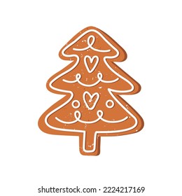 Gingerbread christmas tree isolated on white background. New Year and Christmas gingerbread. Winter homemade sweets. New Year food. Traditional sweet xmas biscuits. Cartoon flat vector illustration