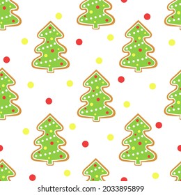Lebkuchen Weihnachtsbaum neues Jahr Muster. Festlicher Hintergrund mit Keksen. Backen verziert Bäume und Bälle. Nahtlose Vorlage für Tapete, Verpackung und Design, Vektorgrafik.