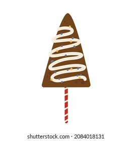 Gingerbread Christmas Tree On A Stick. Christmas Cake Pop Homemade. Vector Illustration In Cartoon Style. Isolated On White Background.