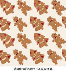 Gingerbread with Christmas Tree Seamless Pattern. Natural food Vector. Happy New Year!