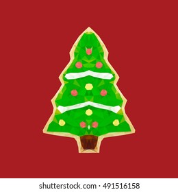Gingerbread Christmas tree, traditional Christmas cookie, on red background vector eps10 illustration in Low poly style