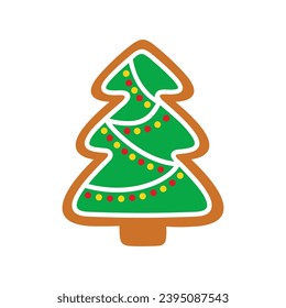 Gingerbread Christmas tree. Xmas spruce shaped cookies in cartoon flat style. Festive New Year classical biscuits. Isolated vector illustration on a white background. Perfect for winter holiday design