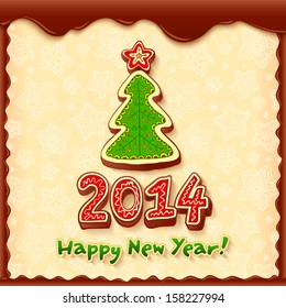 Gingerbread Christmas tree with year sign vector greeting card