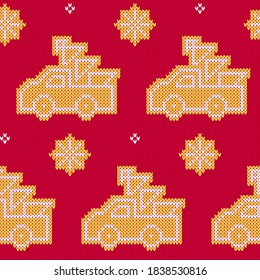 Gingerbread Christmas trucks carrying christmas trees knitted sweater seamless pattern. Knitted Christmas truck, Christmas tree, snowflake, star, motifs in yellow and white on red textured background.